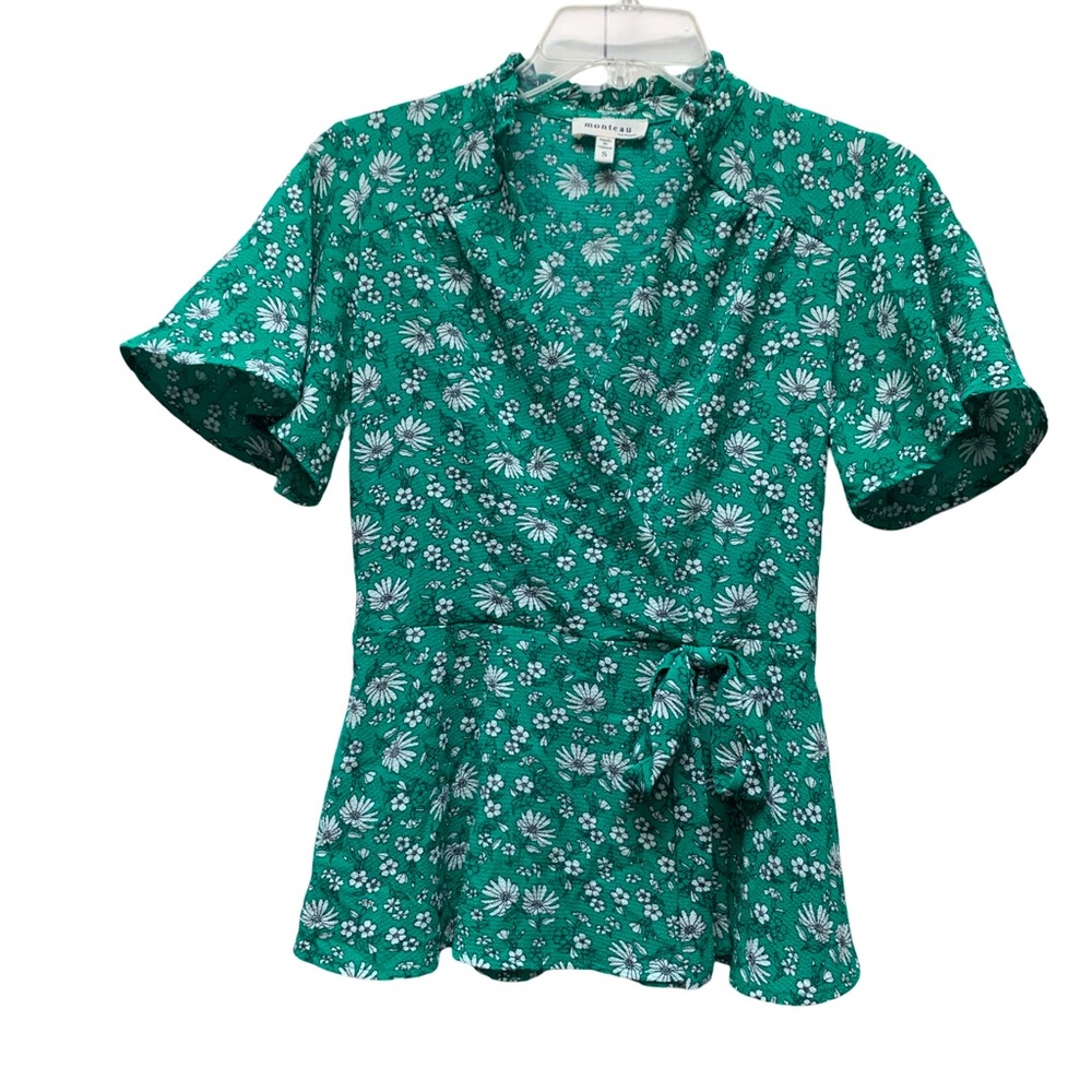 Monteau Green Floral Wrap Blouse